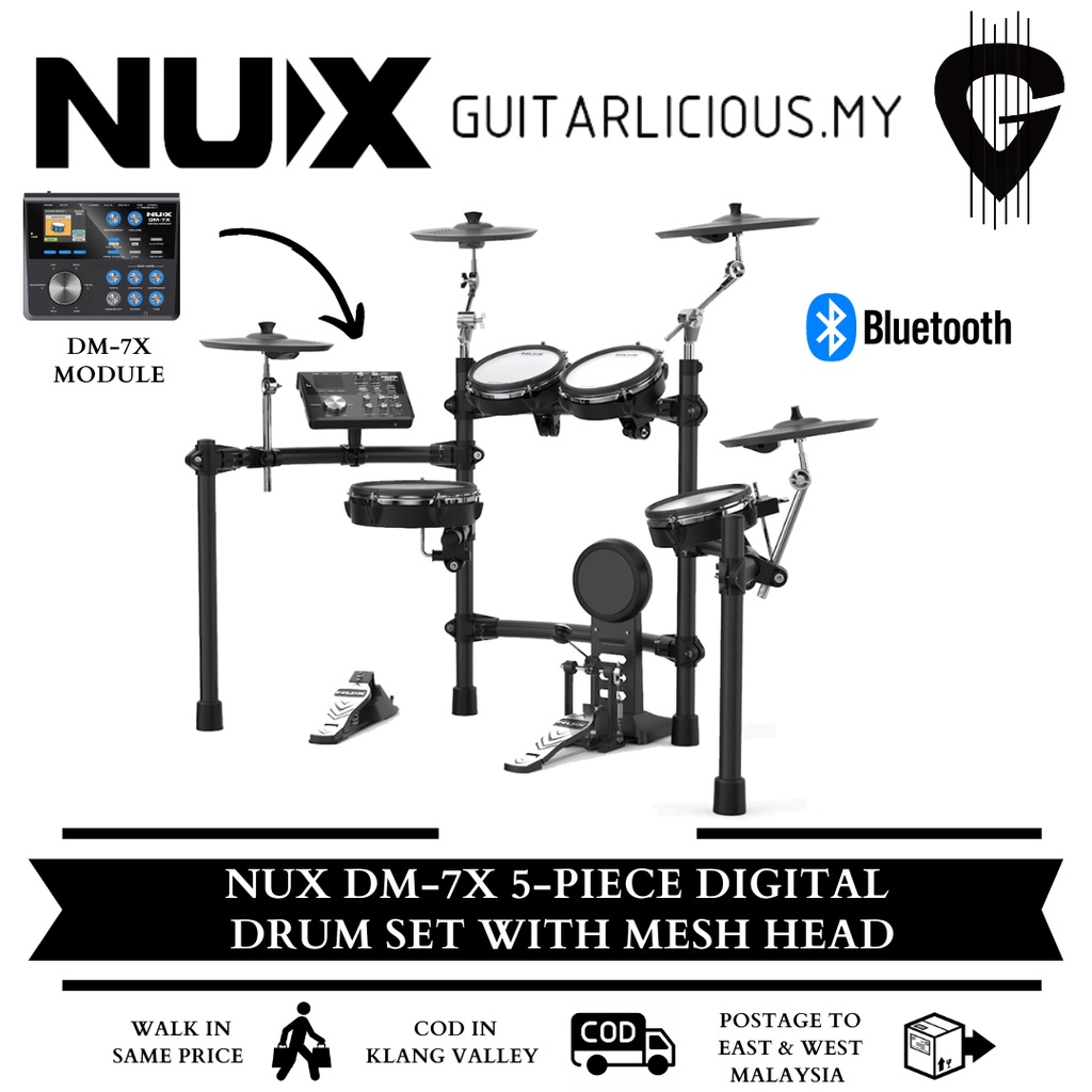 NUX DM-7X 5-Piece Digital Electronic Drum Set with FREE Headphone (DM7X ...