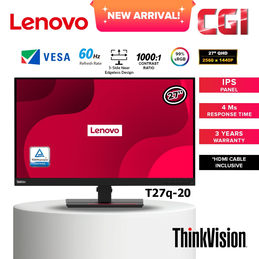 Lenovo Thinkvision T27Q-20 Ergonomic Eye Comfort Near-Edgeless Monitor ...