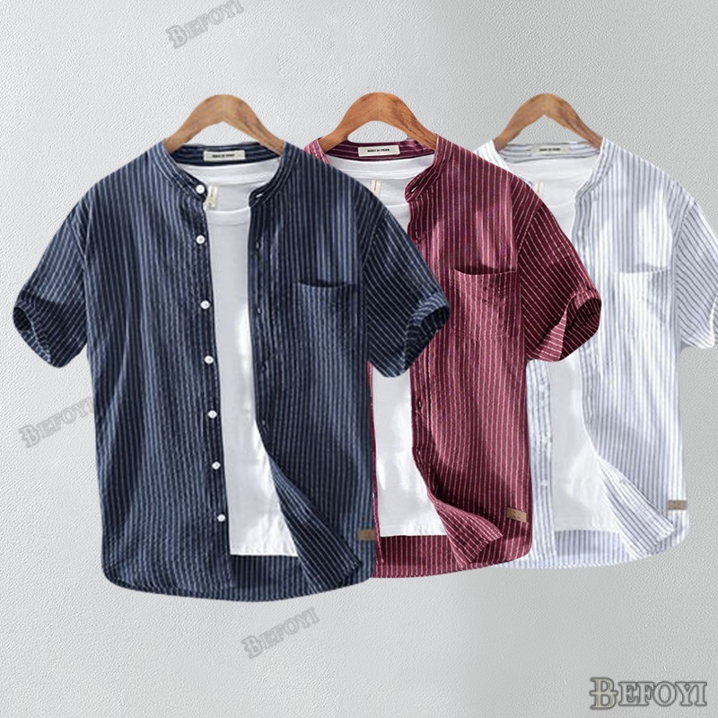 Men's Shirt Casual Loose Stand Collar Fashion All-match Tops Short ...