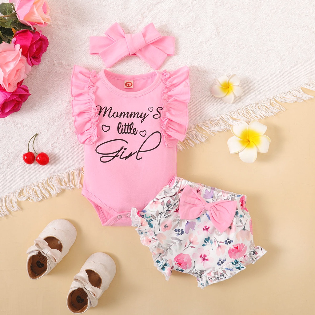 Baju Baby Newborn 0 12Months New Born Baby Girl 3PCS Suit Set Ruffle Letter Print Sleeveless Bodysuit Floral Shorts Headwear Fashion Lovely Jumpsuit for Toddler Baby Girl Summer Wear Shopee Malaysia