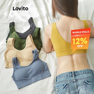 Lovito Casual Plain Rib-Knit Bras for Women L50AD047  (Khaki/White/Green/Black) Lovito Bra Polos Rib-Rajut untuk Wanita