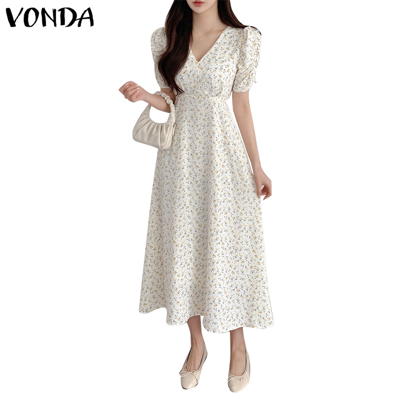 Vonda Women Korean Casual V Neck X Line Puff Sleeve Floral Dress