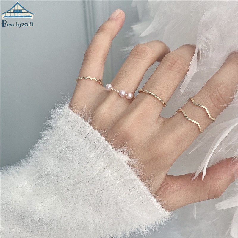 5pcs/set Korean Pearl Ring Simple Wave Rings Adjustable Geometric