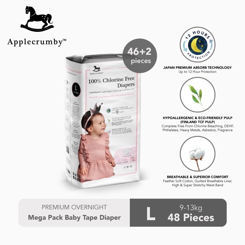 Applecrumby Chlorine Free Premium Overnight Diapers Mega Pack (weight 913kg) 46's + 2's
