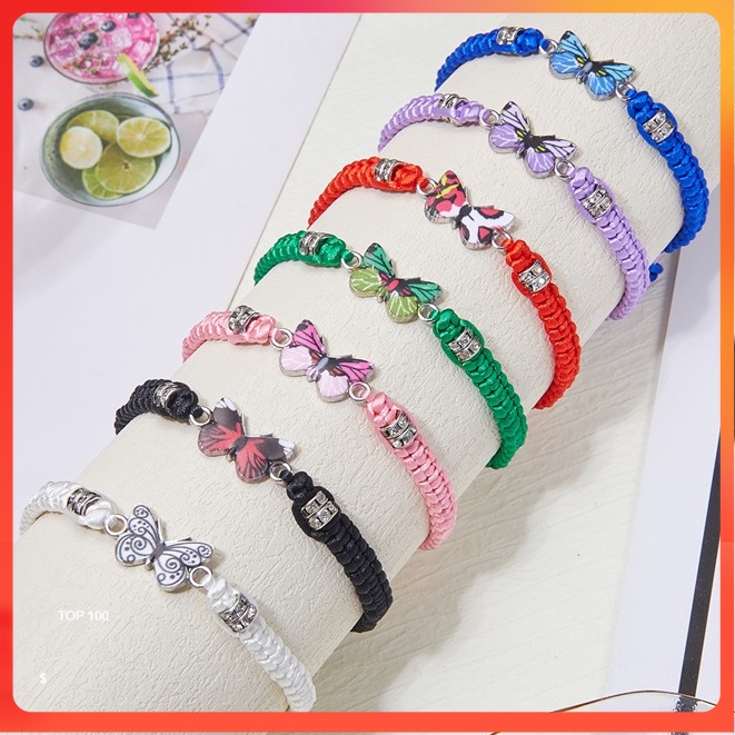 Gelang Tangan Butterfly Bracelets Rhinestone Woven Rope Adjustable