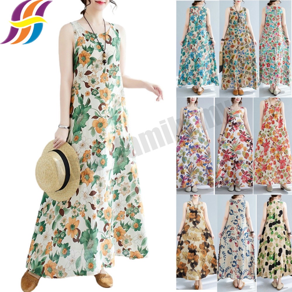 Women s Floral Summer Sun Dress Sleeveless Flowy Maxi Dresses Cotton Linen Floral Printed Casual Loose Beach Long Swing Holiday Dress with Pockets Shopee Malaysia