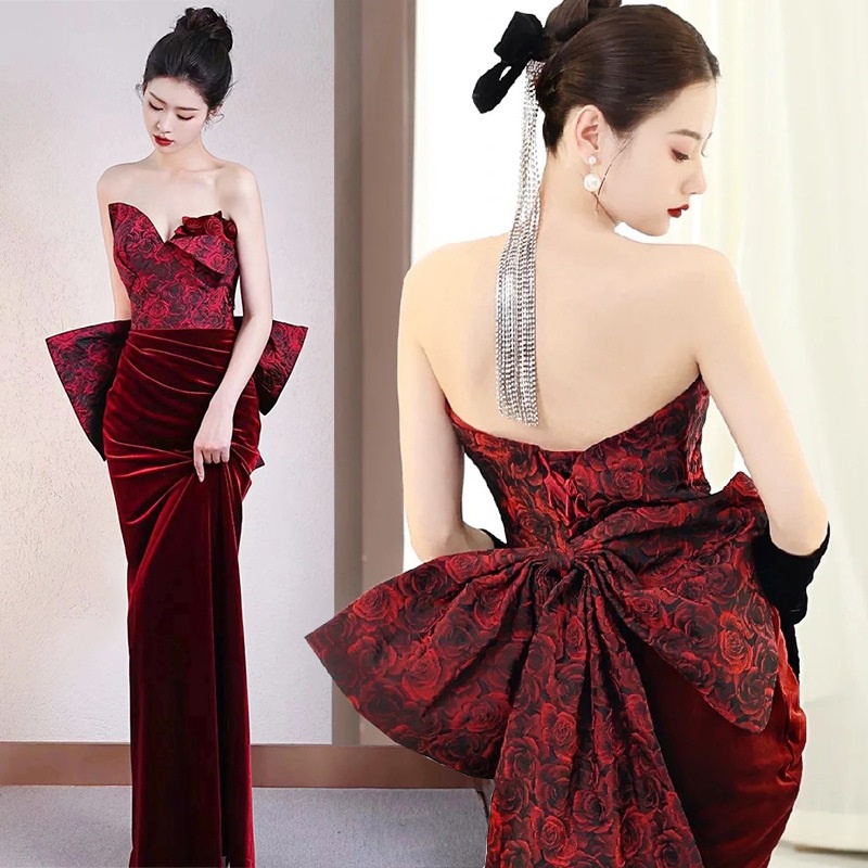 Wine Red Bridal Wedding Toast Dress French Retro Tube Top Sleeveless