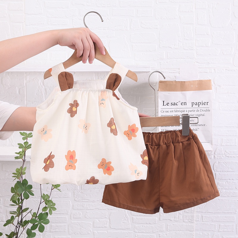 Baby Girl Retro bear Sling Tshirt Sleeveless Tops And Thin Soft