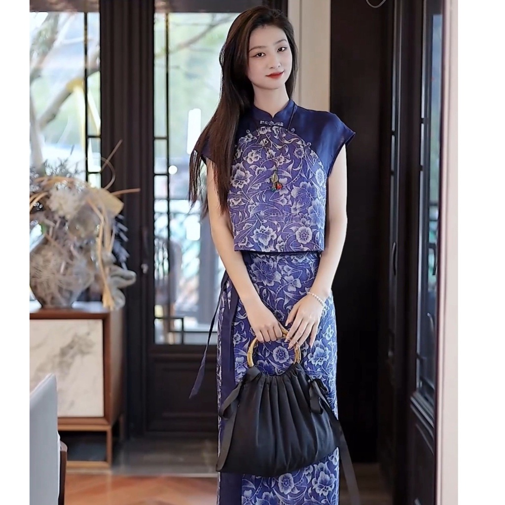 Chinoiserie improved cheongsam retro Han elements Blue and white 