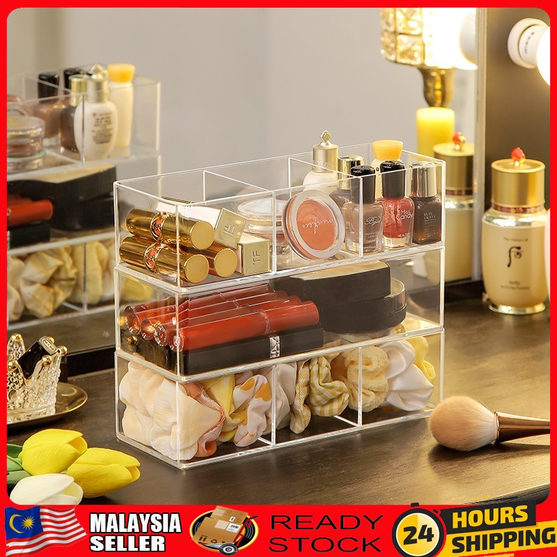 Transparent Stackable Single/Three Grids Drawer Makeup Organizer ...