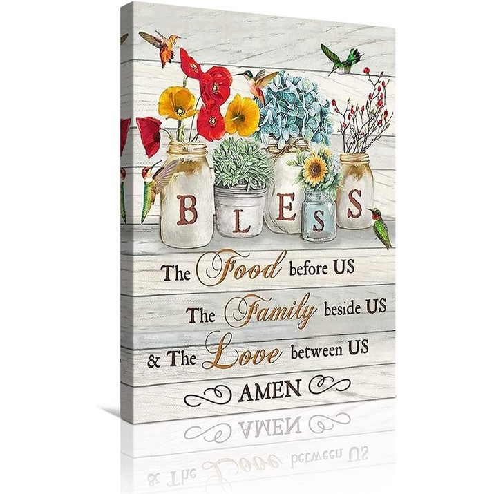 Vintage christian scripture wall art bless the food before us blue