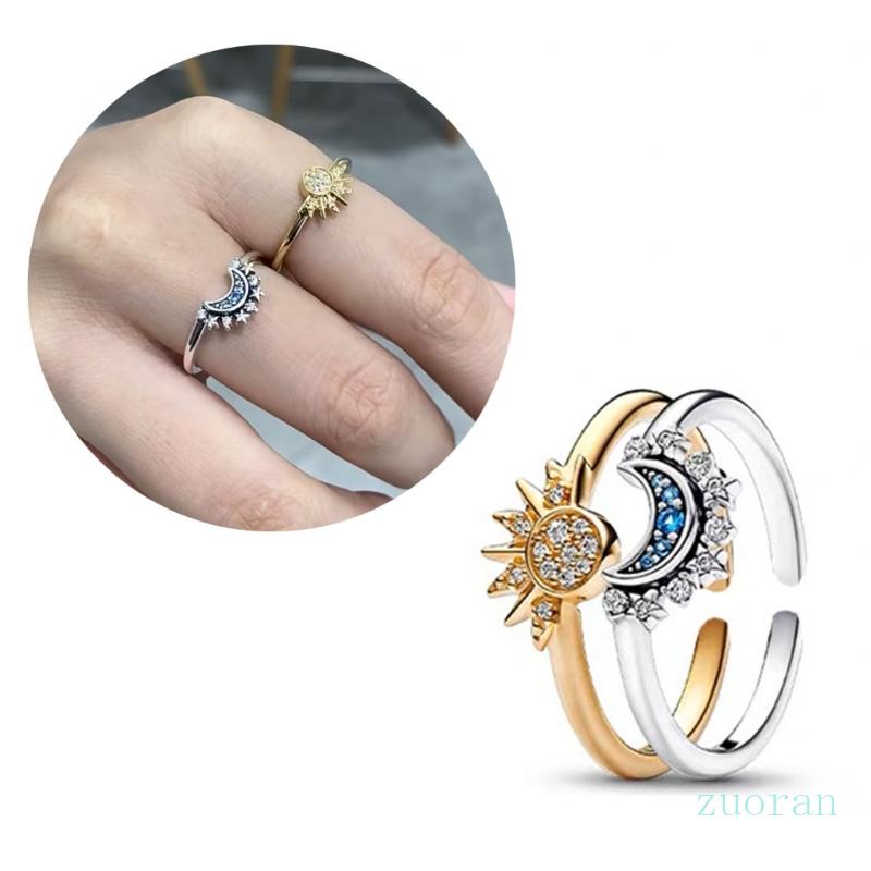 zuo 2 Pieces Sun and Moon Couple Rings Adjustable Diamonds Overlapping ...