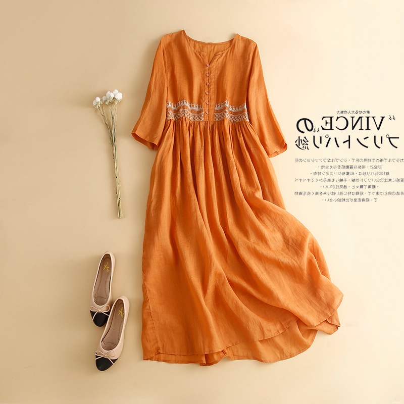 2023 White Fashion Women Ramie Basic Shirt Robe Retro Embroidery Short