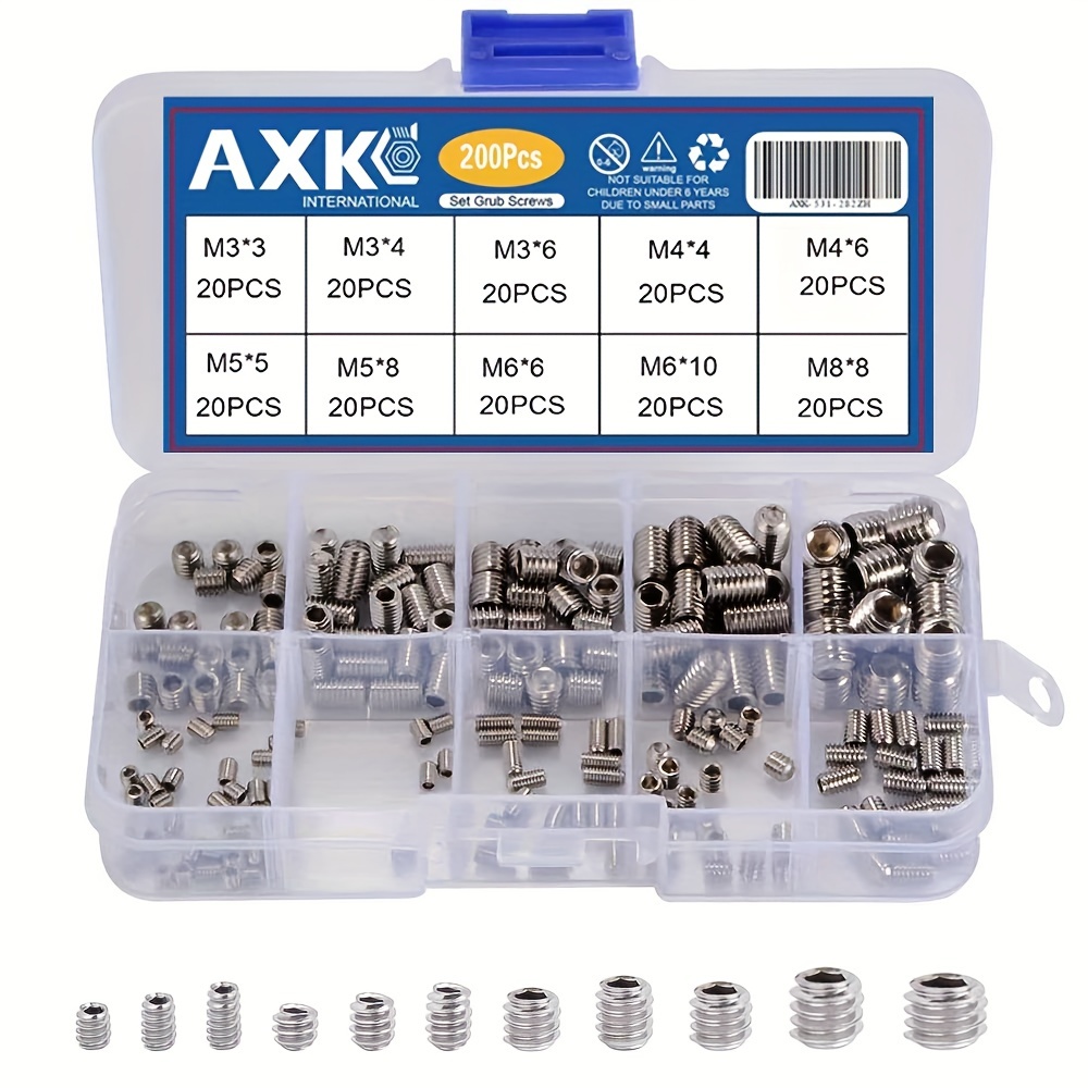 200pcs Allen Head Socket Hex Grub Screw Assortment Kit,15 Metric Sizes 304 Stainless M3/M4/M5/M6