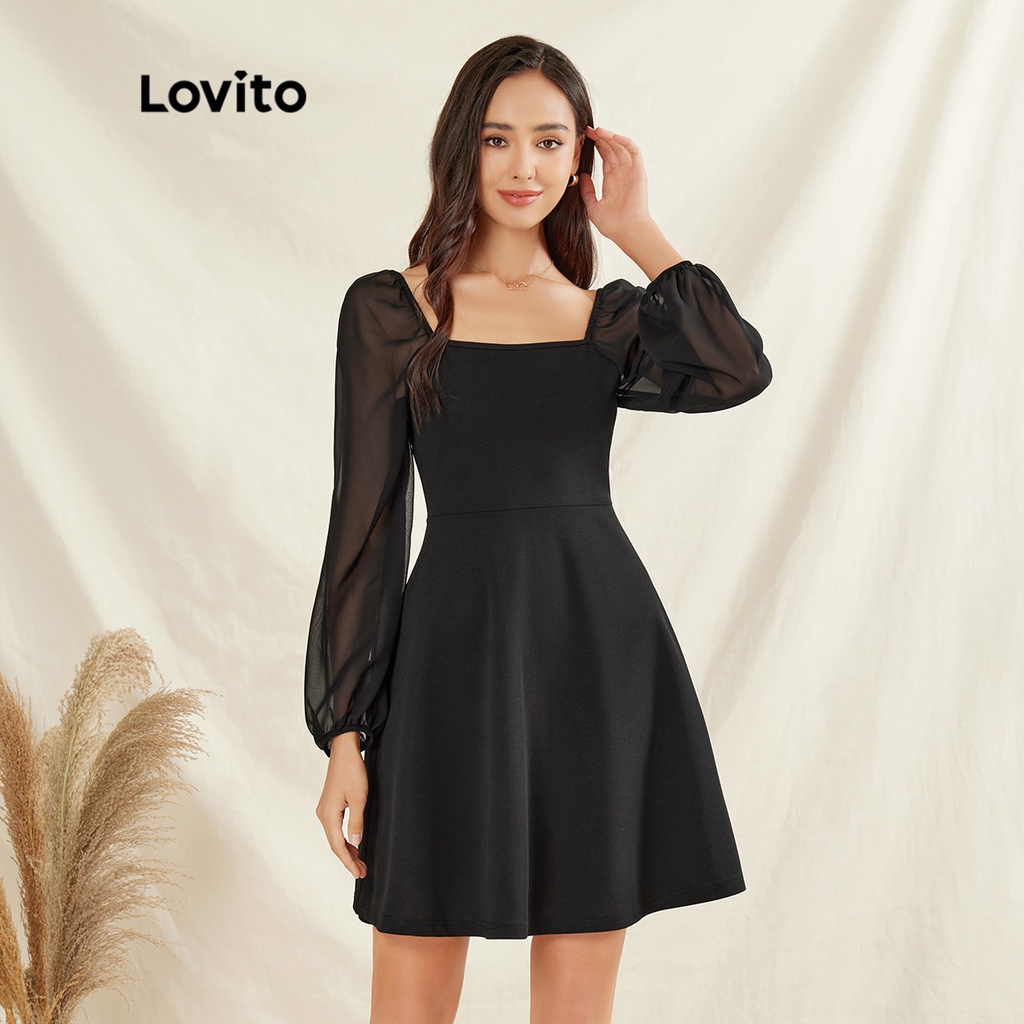 Lovito Elegant Plain Contrast Lace Square Neck A-Line Dress L31AD038 ...