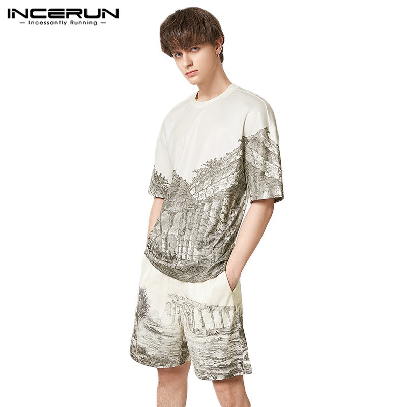 INCERUN Printed Short Sleeve Top+Capris Casual Set | Shopee Malaysia