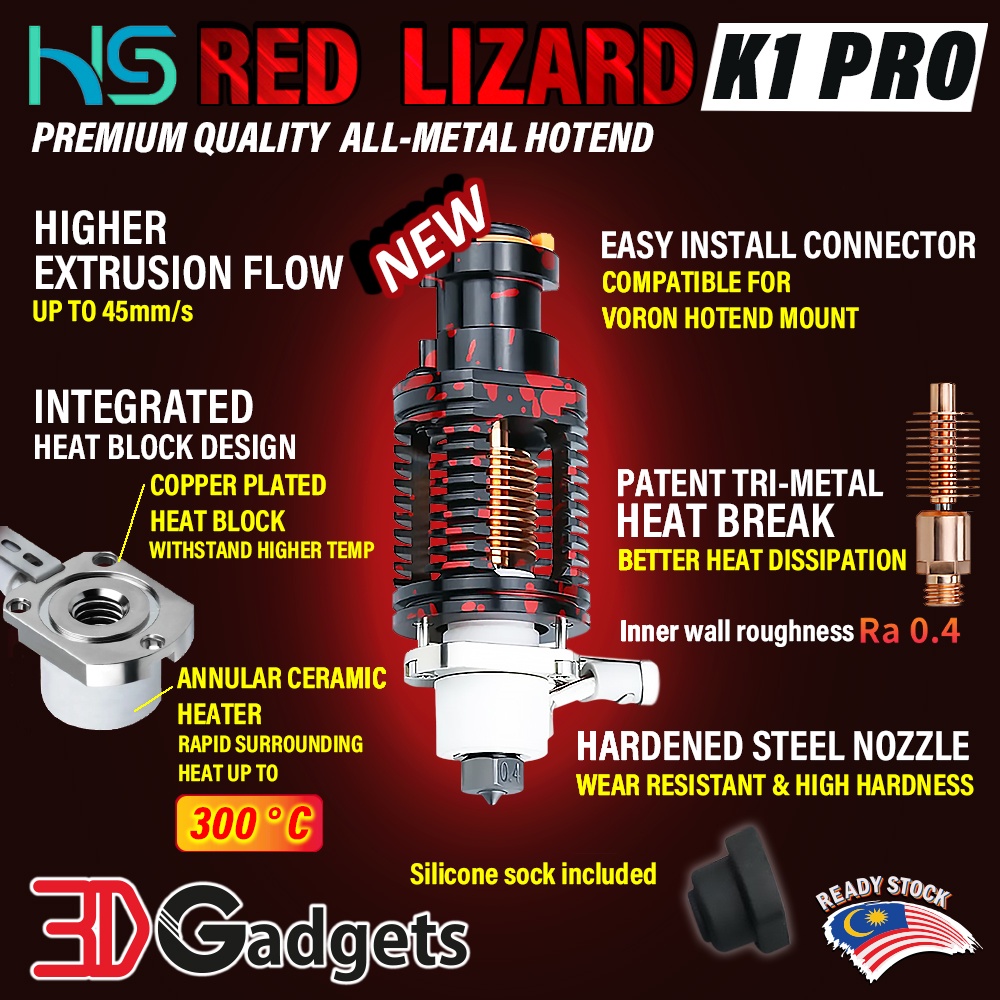 Hasu 3D Red Lizard K1-PRO High Flow All-Metal Hotend Ceramic Heater ...