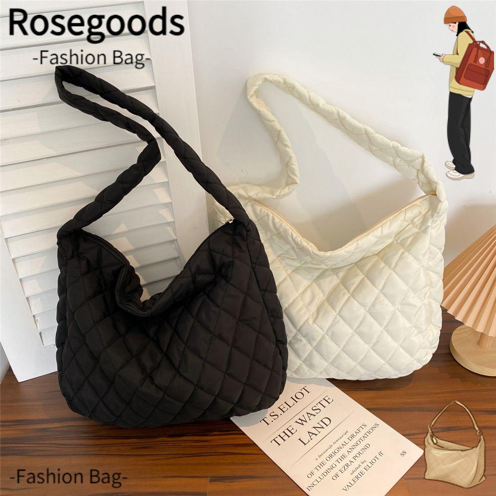 ROSE Warm Plaid Shoulder Bags Winter Underarm Bags Puffy Handbag Women ...