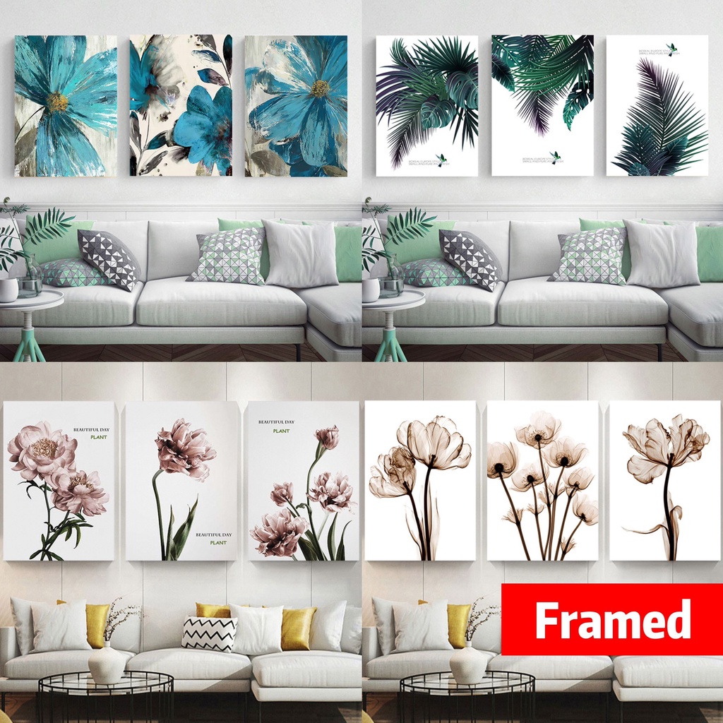 (with frame) 3PCS Living Room Decoration Wall Art Poster Green Leaf ...