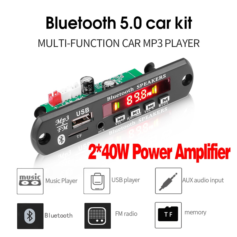 Mp3 12V Decoder Board 2*40W Bluetooth Handsfree Car Kit Mp3 Player Support Recording FM Radio TF
