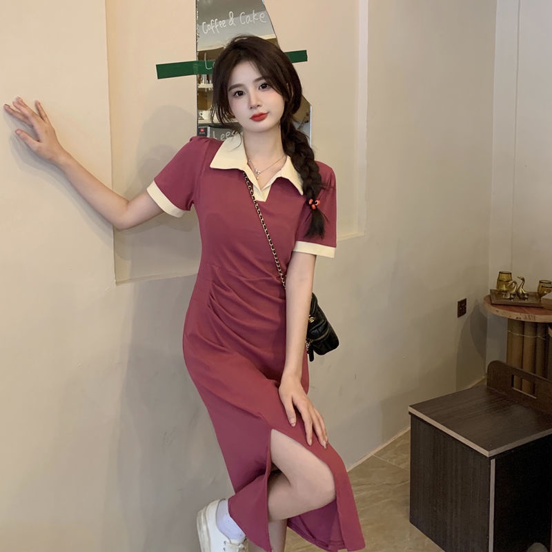 Korean Sweet Sister Pure Color Short Sleeve Polo Neck Split Midi Dress