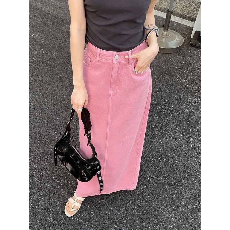 Pink Split Denim Skirt Women 2023 Summer New Style Retro Sweet High Waist Slimmer Look Mid Length A Line Skirt Shopee Malaysia