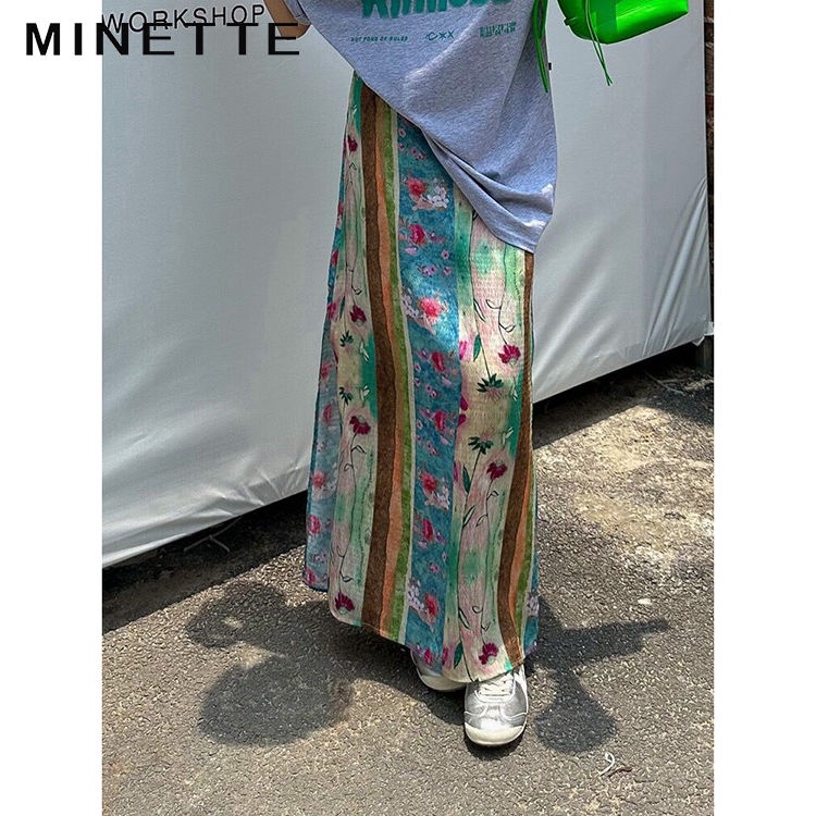 Lily Oil Painting Print Pink Long/Short High Green Waist Skirt and Version Water