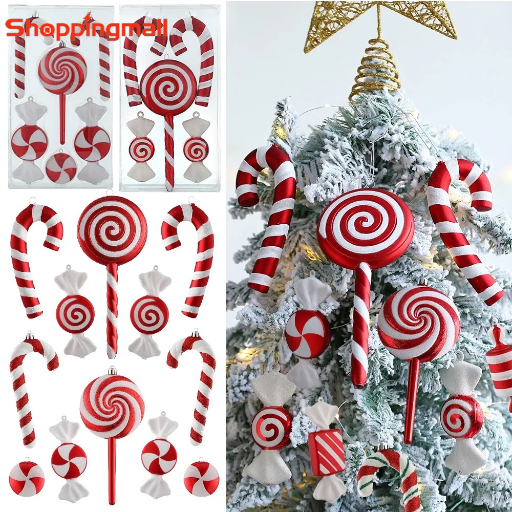 Xmas Decorations 12/1 Pcs Christmas Pendants Red Plastic Candy Cane ...