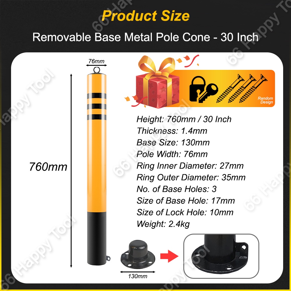 (30Inch) H/D Metal Safety Bollard Pole Cone Detachable FOC Key Lock ...