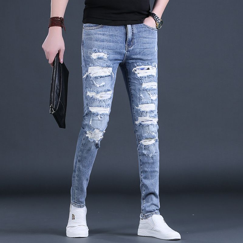 Ripped Men Street Wear SlimFit Skinny Pants New Men's Casual Light Blue Youth Shopee Malaysia