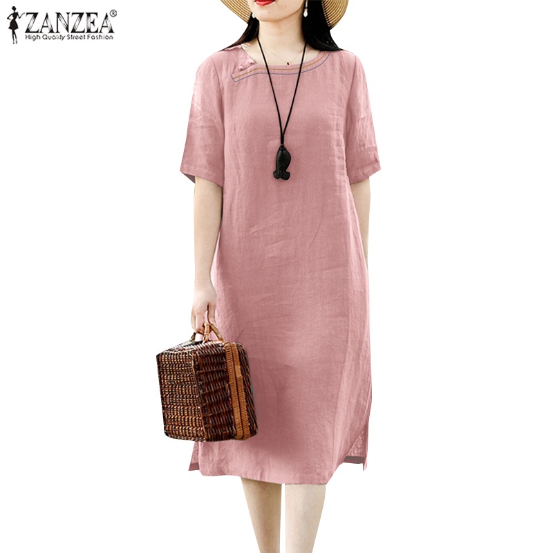 ZANZEA Women Korean Casual Short Sleeve Solid Cotton Office Slit Hem Mid  Shift Dress