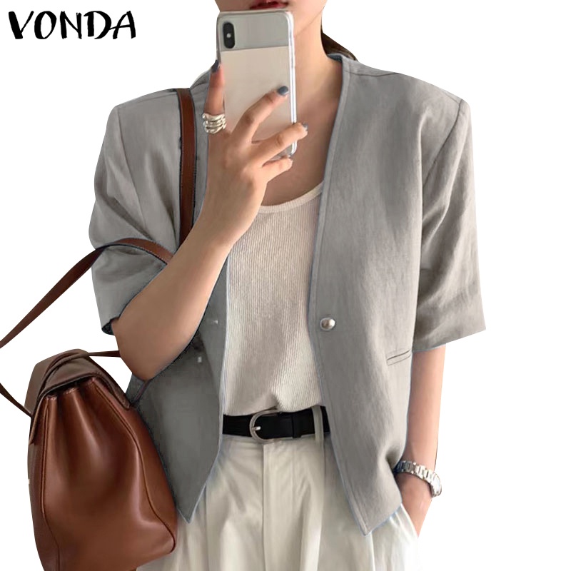 Vonda Women Korean Casual V Neck Short Sleeve Button Solid Suit