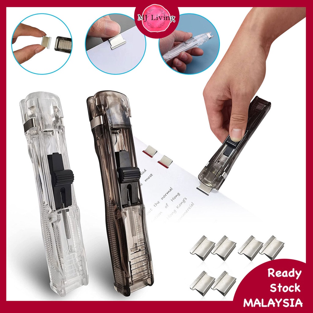 Nail Free Stapler Transparent Pusher Clips Hand Held Test Paper Clam Clip  Dispenser Office Stationery 文件推夹器订书机固定器