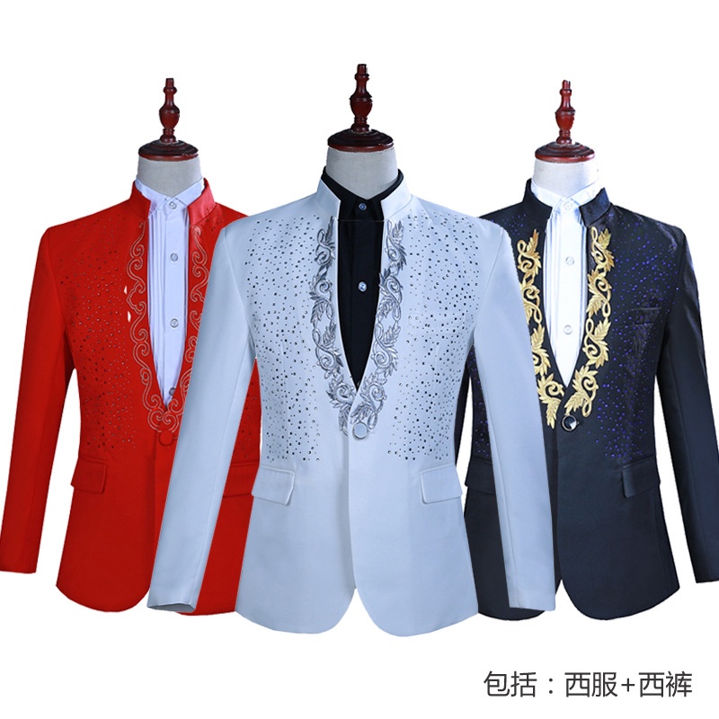 Men Hot Flower Hot Diamond Stand-Up Collar Suit Suit Annual Meeting ...