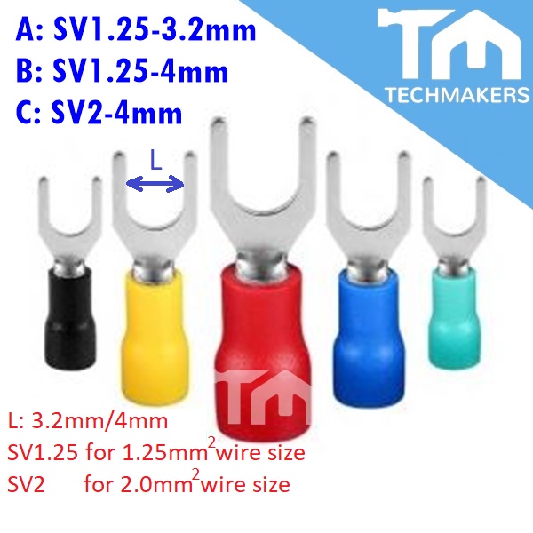 3.2/ 4.3mm Insulated Terminal Fork Connector (SV1.25)  Crimp 18~22 AWG Wire Cable Spade Locking Tougue Vinyl  TechMakers