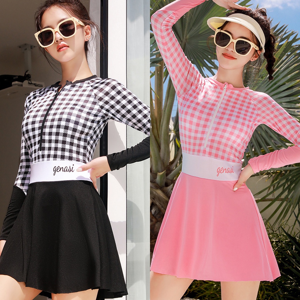 Pink Plaid Women One Piece Long Sleeve Padded Swimwear Slim Fit Swimsuit Holiday Bathing Suit Shopee Malaysia