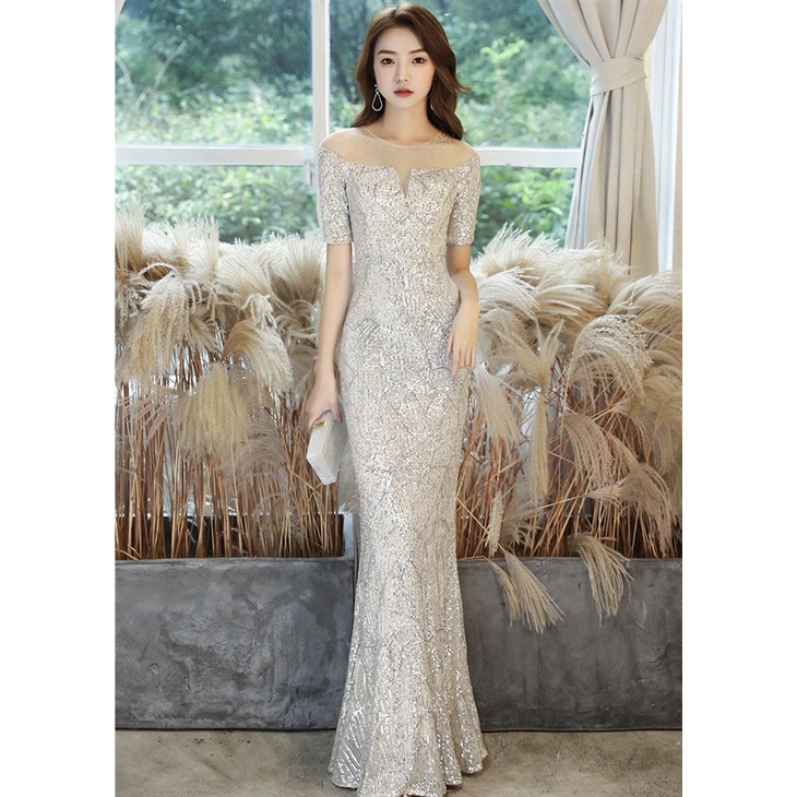 Silver Sequins Evening Dress Temperament Luxury Short Sleeve Off