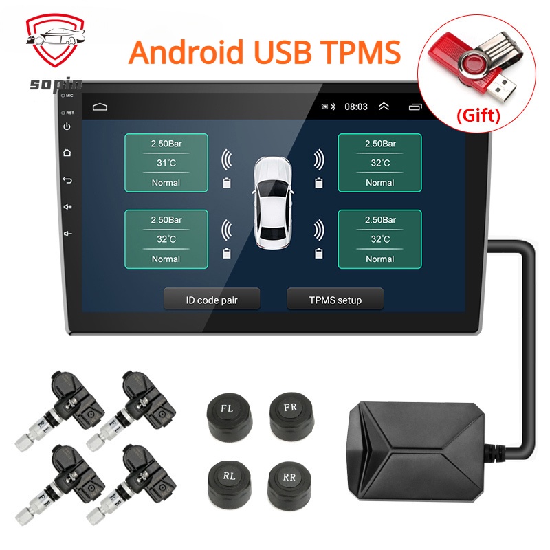 USB Car Tire Pressure Alarm Monitor System TPMS for Car Android ...