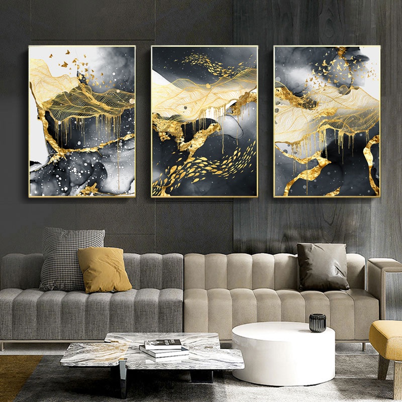 3PCS Canvas Painting Abstract Art Poster Golden Black and White