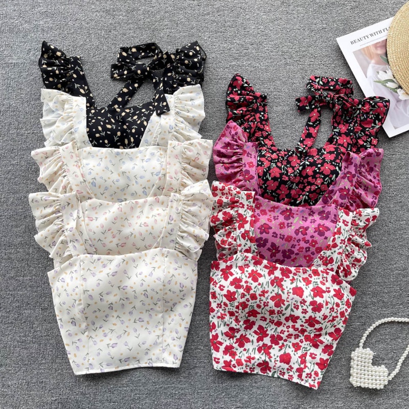 Women Fashion Vintage Print Ruffle Edge Slim Short Holiday Style ...