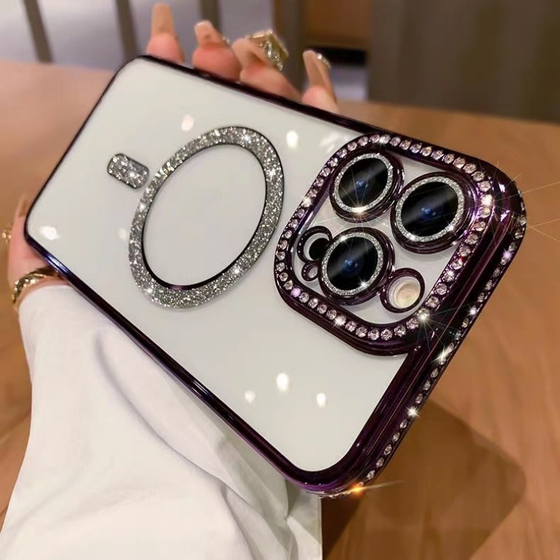 Luxury rhinestones with lens protection magnetic case for iPhone 15 12 ...