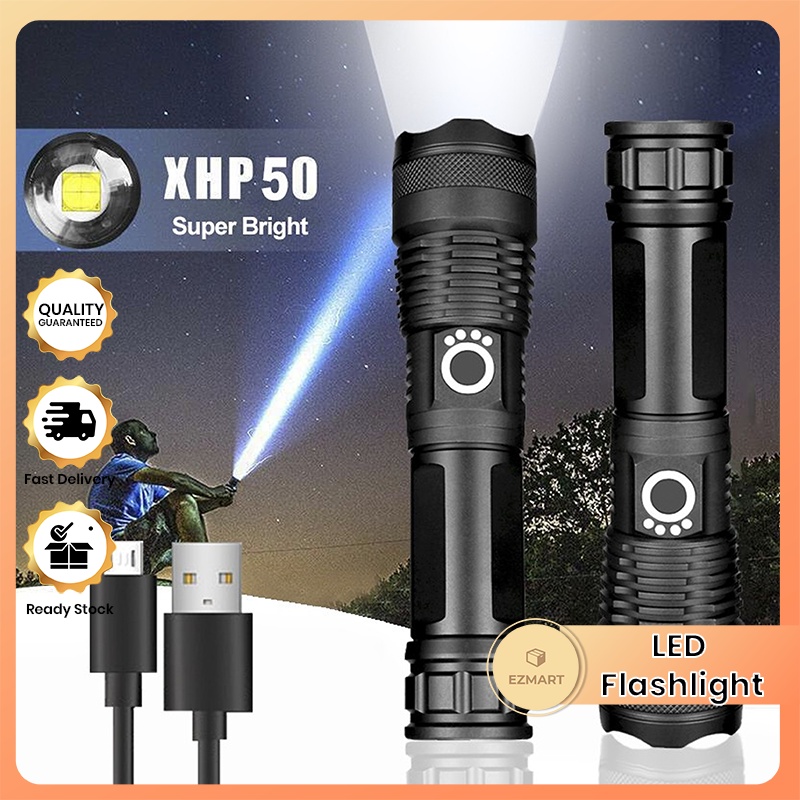 Lampu Suluh LED Flashlight Zoomable USB Rechargeable Super Bright (With ...