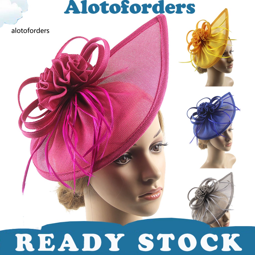 Women Fascinator Headband Feather Mesh Flower Solid Color Vintage ...