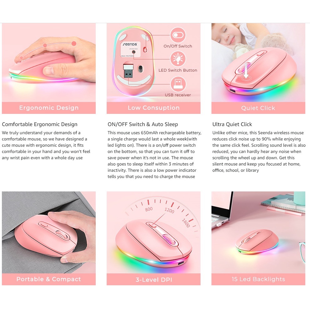 Pink 2.4G Wireless Mouse Rechargeable Light Up Mouse for Laptop Small ...