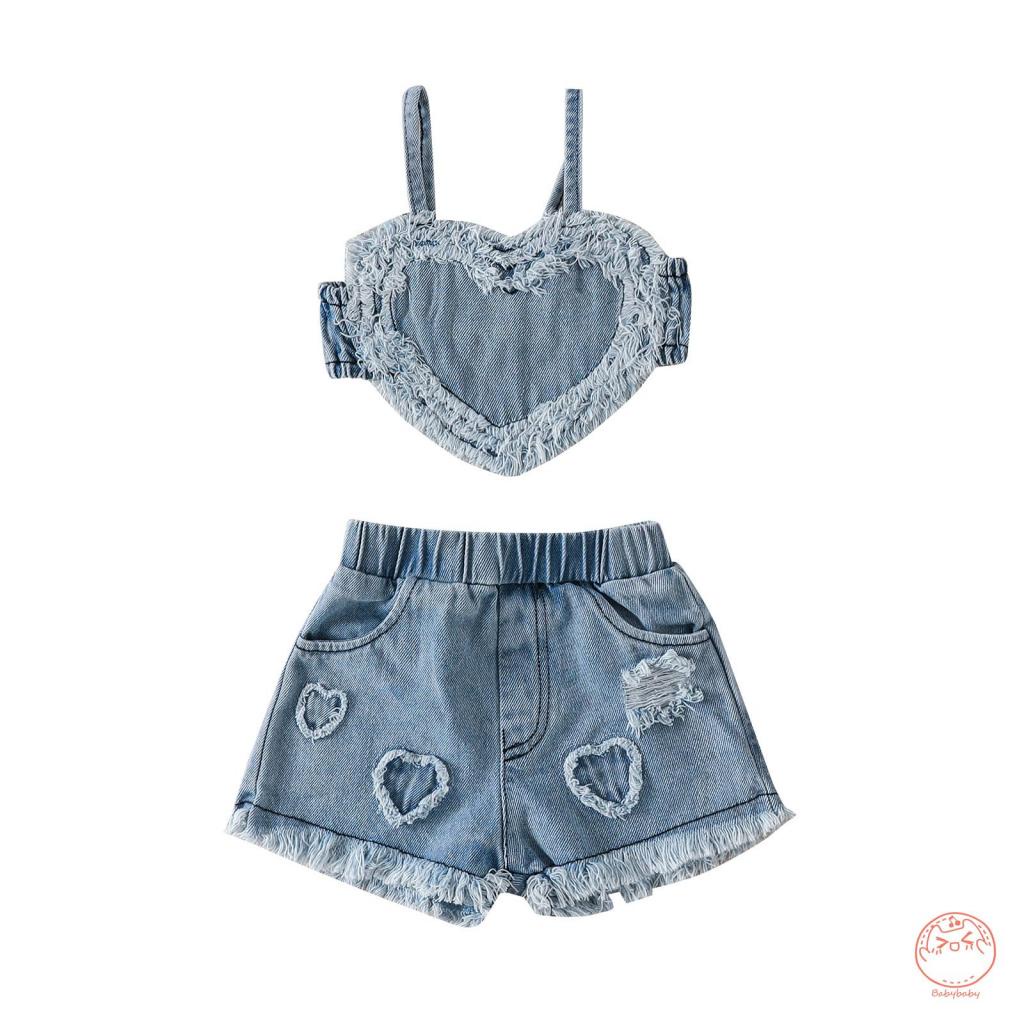Babybaby1 Baby Girls Heart Camisole and Elastic Ripped Denim Shorts Summer Clothing Shopee Malaysia