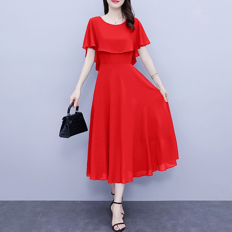 Impression Fashion Women Elegant Korean Chiffon Plain O-neck Short Sleeve  Tunic High Waist A-line Plus Size Maxi Dress | Shopee Malaysia