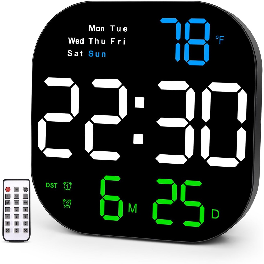 LED Digital Wall Clock Large Display Alarm Clock with Remote Auto