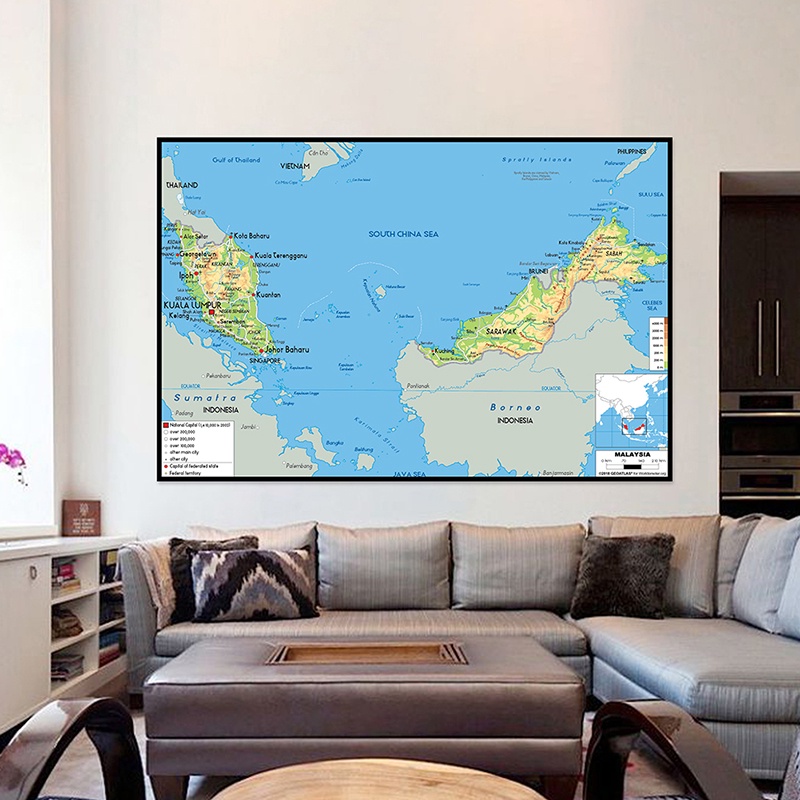 ???? Geographic Map English Map Malaysia Map Canvas Painting Living ...