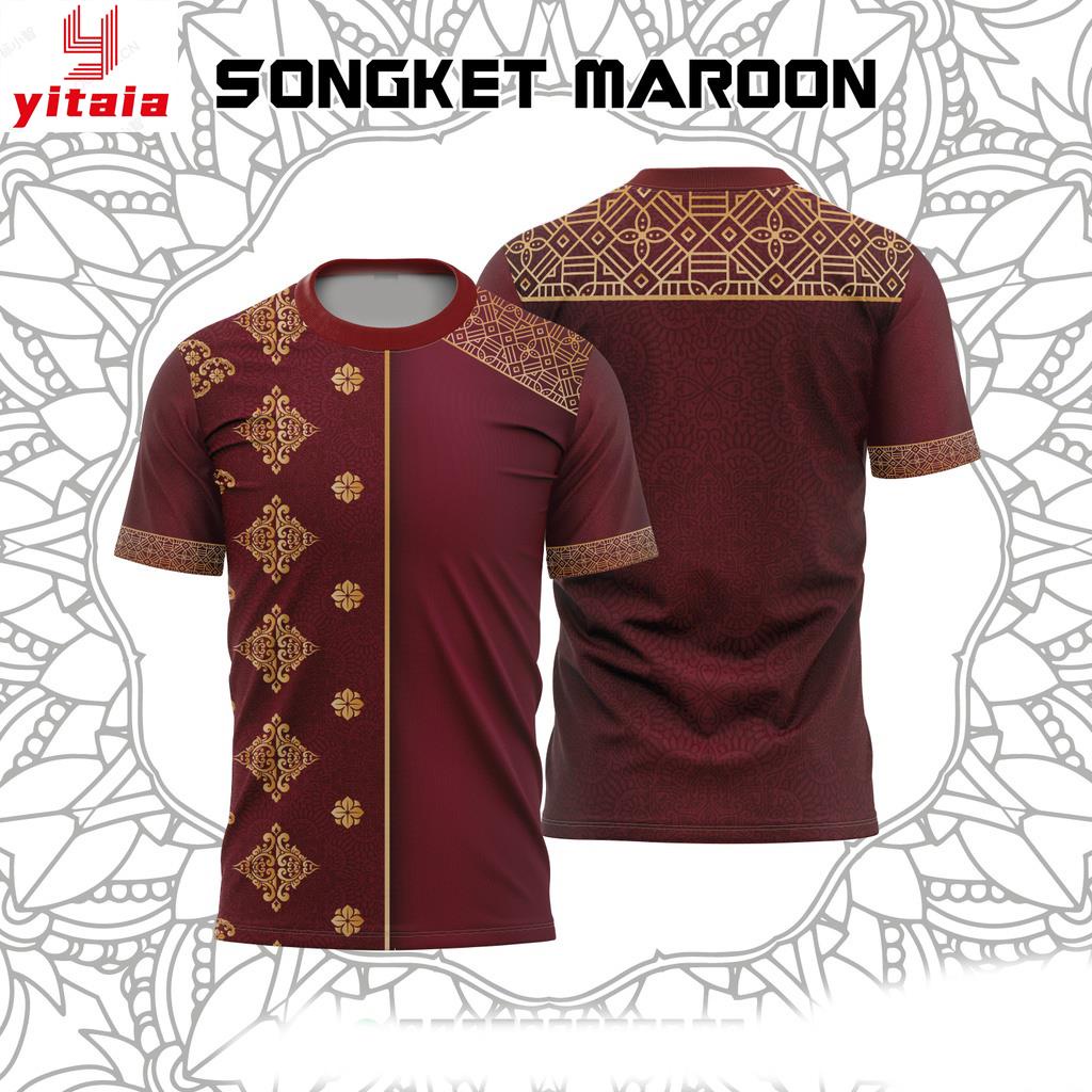 JERSI SONGKET EKSKLUSIF MAROON GOLD Sublimation Tshirt / Baju ...