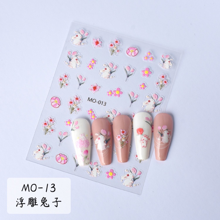 Spring 5D Embossed Nail Sticker Cute Little Rabbit Flower Nail Sticker ...